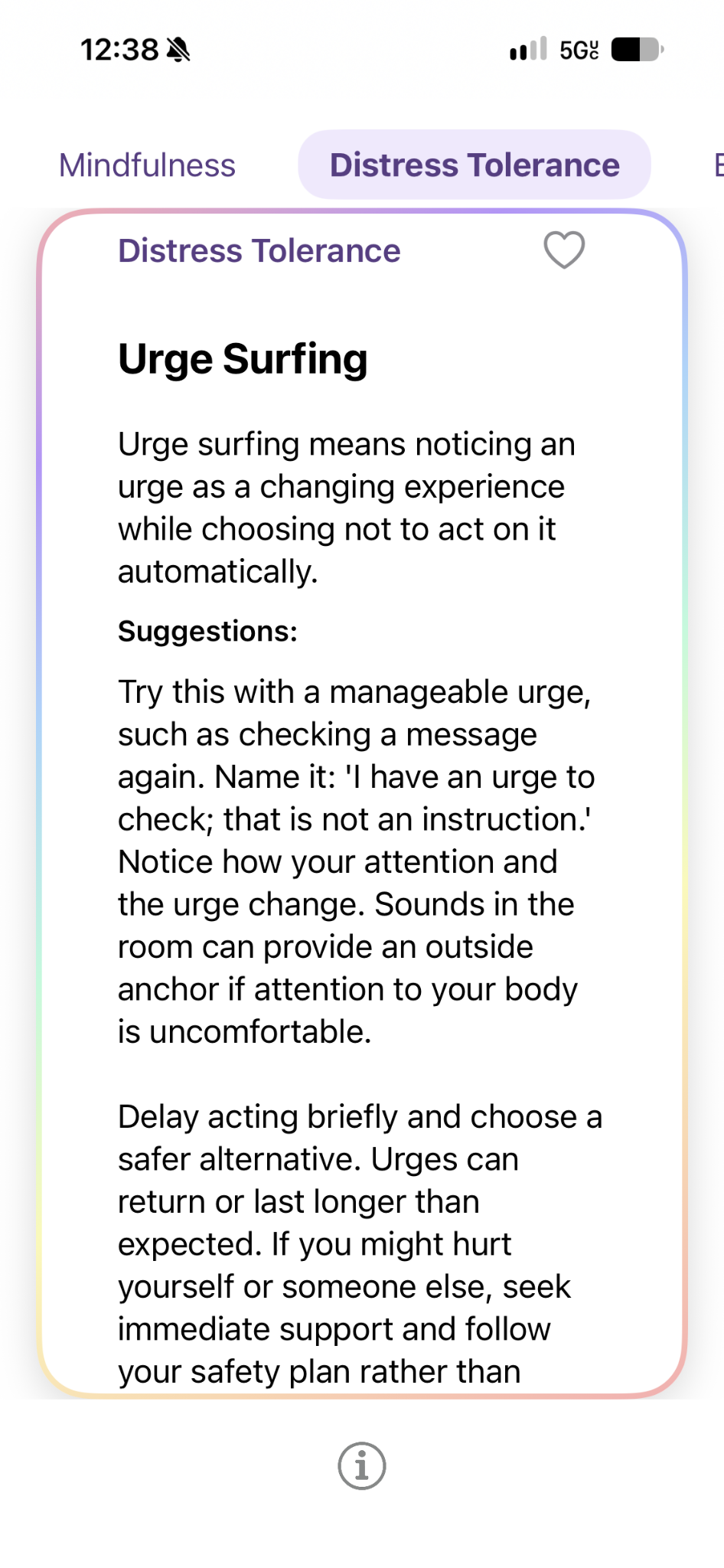Distress Tolerance card: Urge Surfing. Notice an urge as a changing experience while choosing not to act on it automatically.