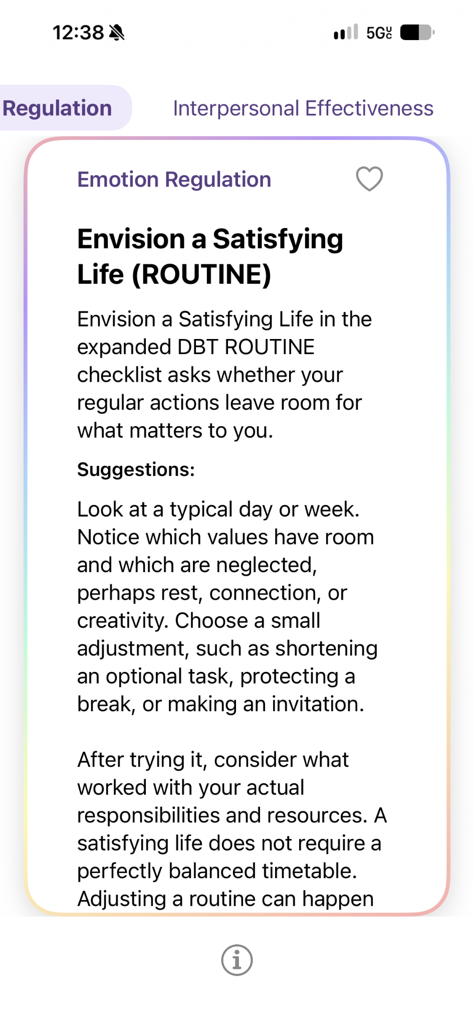 Emotion Regulation card: Envision a Satisfying Life (ROUTINE). Consider whether your regular actions leave room for what matters to you.